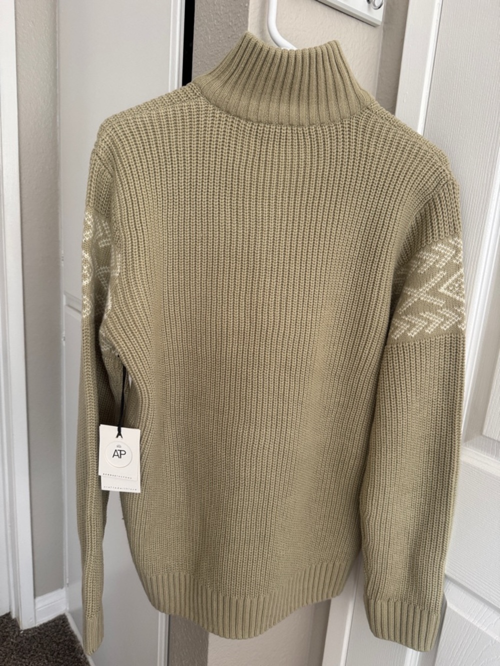 Men’s Half-Zip Knit Sweater in Tan with Cream Pattern - Picture 8 of 9